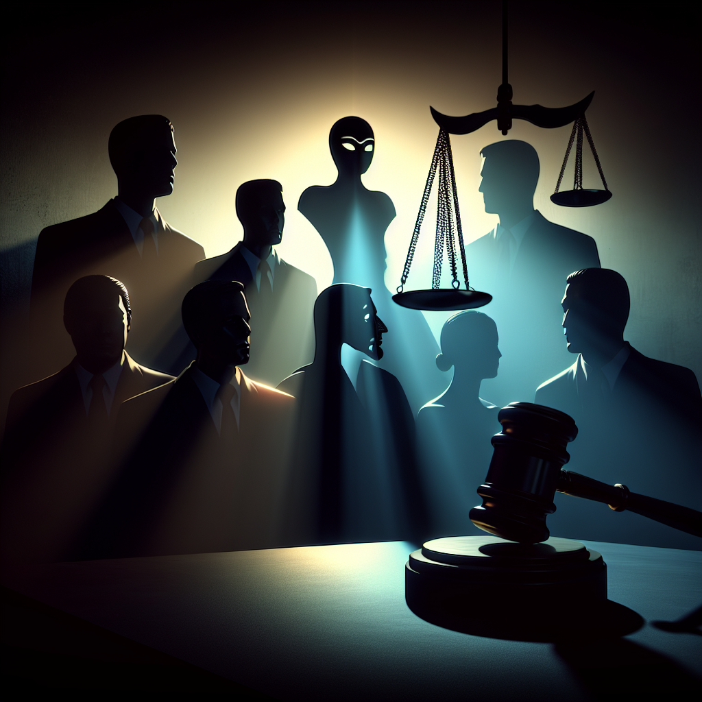 Here's a description for an image to accompany the article section:

A stylized courtroom scene with bold, contrasting colors. A judge's gavel hovers prominently in the foreground. Behind it, silhouettes of a witness stand and jury box are visible. Floating symbolic icons represent truth (scales) and deception (a mask). Dramatic lighting casts long shadows, creating a tense atmosphere. The overall composition conveys the gravity of perjury cases and sentencing standards in a visually striking, modern art style.