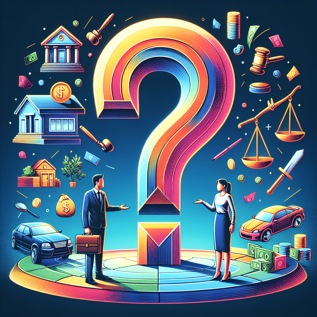 Here's a description for an image to accompany the FAQ section on divorce property division:

A stylized illustration shows two Taiwanese figures standing on opposite sides of a large question mark. Between them, icons representing assets (house, car, money) float in the air. A gavel and legal scales symbolize the legal process. Bold colors and clean lines create a dynamic, modern art style. Dramatic lighting highlights key elements, conveying a professional yet visually engaging legal consultation theme.