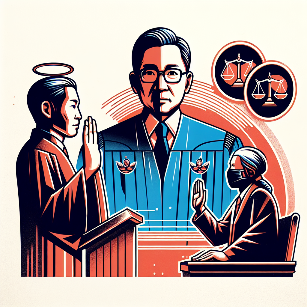 Here's a description for an image that fits your requirements:

A stylized illustration depicting a Taiwanese judge in robes, holding scales of justice. Beside the judge stands a witness box with a figure taking an oath. Floating above are symbolic icons representing truth (a halo) and lies (a mask). Bold red and blue colors contrast against a white background. Clean lines and dramatic lighting create a dynamic, modern legal scene, emphasizing the gravity of testimony and consequences of perjury.