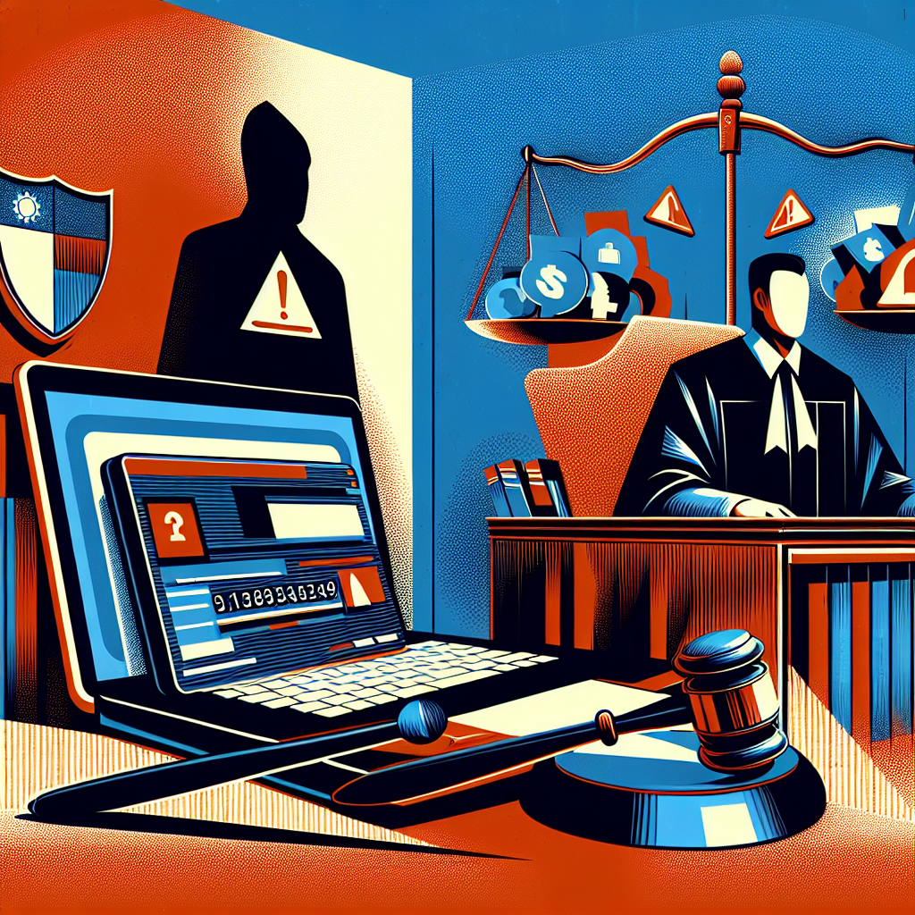 以下是符合您要求的圖片描述：

A stylized illustration depicting a Taiwanese judge presiding over a courtroom. In the foreground, a laptop screen displays bank account numbers and warning symbols. To the side, a shadowy figure represents a fraudster. Bold red and blue colors contrast against a stark white background. Clean lines and geometric shapes form iconic legal elements like a gavel and scales of justice, symbolizing the application of law in digital fraud cases.

這個描述大約有70個字,視覺化呈現了警示帳戶詐欺罪的關鍵元素,採用現代藝術風格,並包含了台灣人物像。整體設計動感十足,專業且引人入勝,沒有使用中文字符。