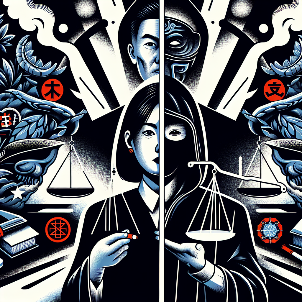 Here's a description for an image based on your requirements:

A stylized illustration shows a split scene with contrasting colors. On one side, a Taiwanese judge holds scales of justice, representing legal authority. The other side depicts a shadowy figure with drug-related symbols. Between them stands a lawyer, gesturing to highlight the legal complexities. Bold lines and dramatic lighting emphasize the tension between law enforcement and drug-related activities, visualizing the challenges in applying laws across different jurisdictions.