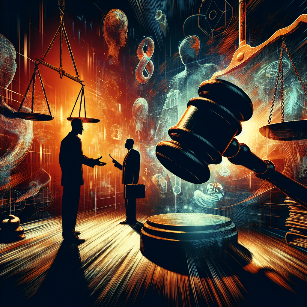 Here's a description for an image based on your requirements:

A stylized illustration depicting a courtroom scene with bold, contrasting colors. A judge's gavel and scales of justice dominate the foreground. Behind them, silhouettes of a defendant and lawyer consult, symbolizing fraud accomplice cases. Legal icons and documents float around, creating a dynamic composition. The scene is dramatically lit, emphasizing the professional and serious nature of sentencing decisions in Taiwan's legal system.