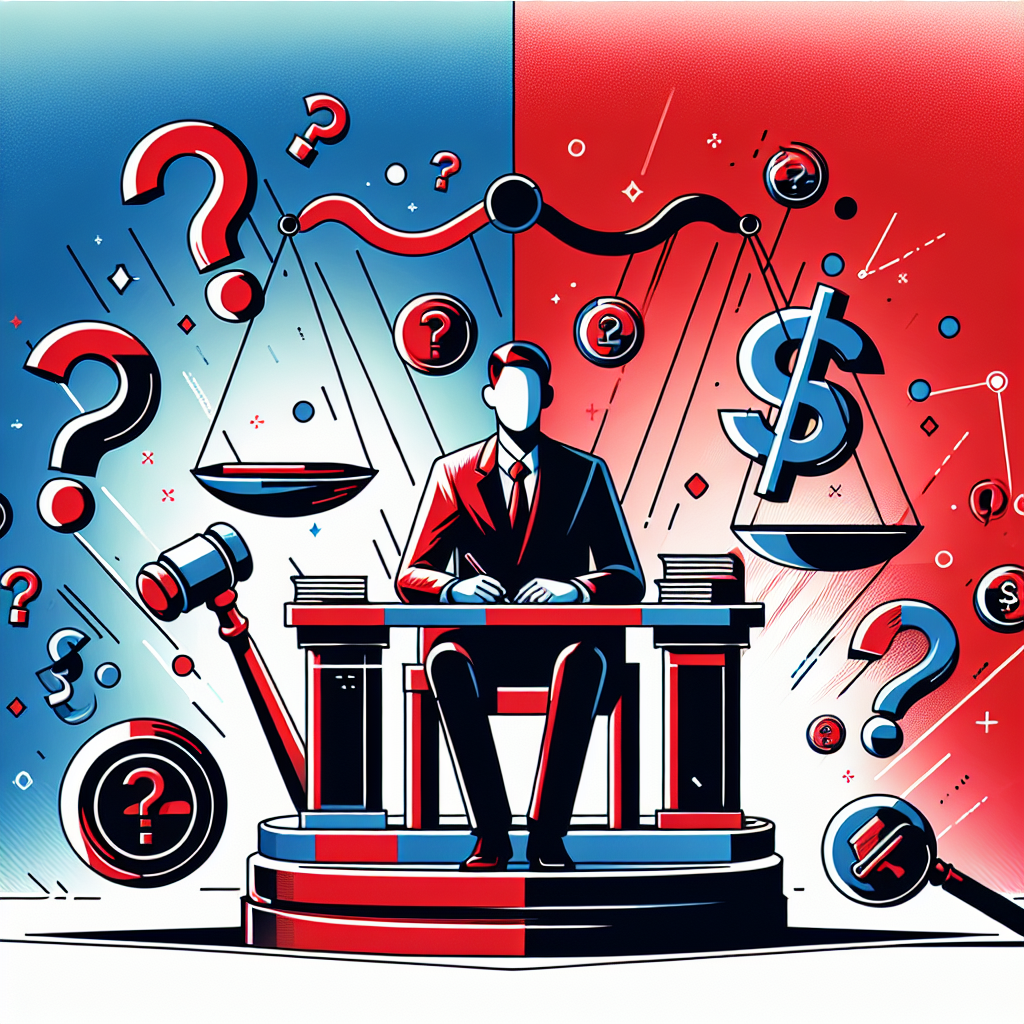 圖片描述：

A stylized modern art illustration depicting a legal consultation scene. A Taiwanese lawyer sits at a desk, surrounded by floating question mark icons and money symbols. Bold red and blue colors contrast against a white background. Clean lines form a scales of justice icon and a gavel, symbolizing law and order. Dynamic lighting adds depth, creating a visually engaging and professional composition that represents common questions about money laundering laws.