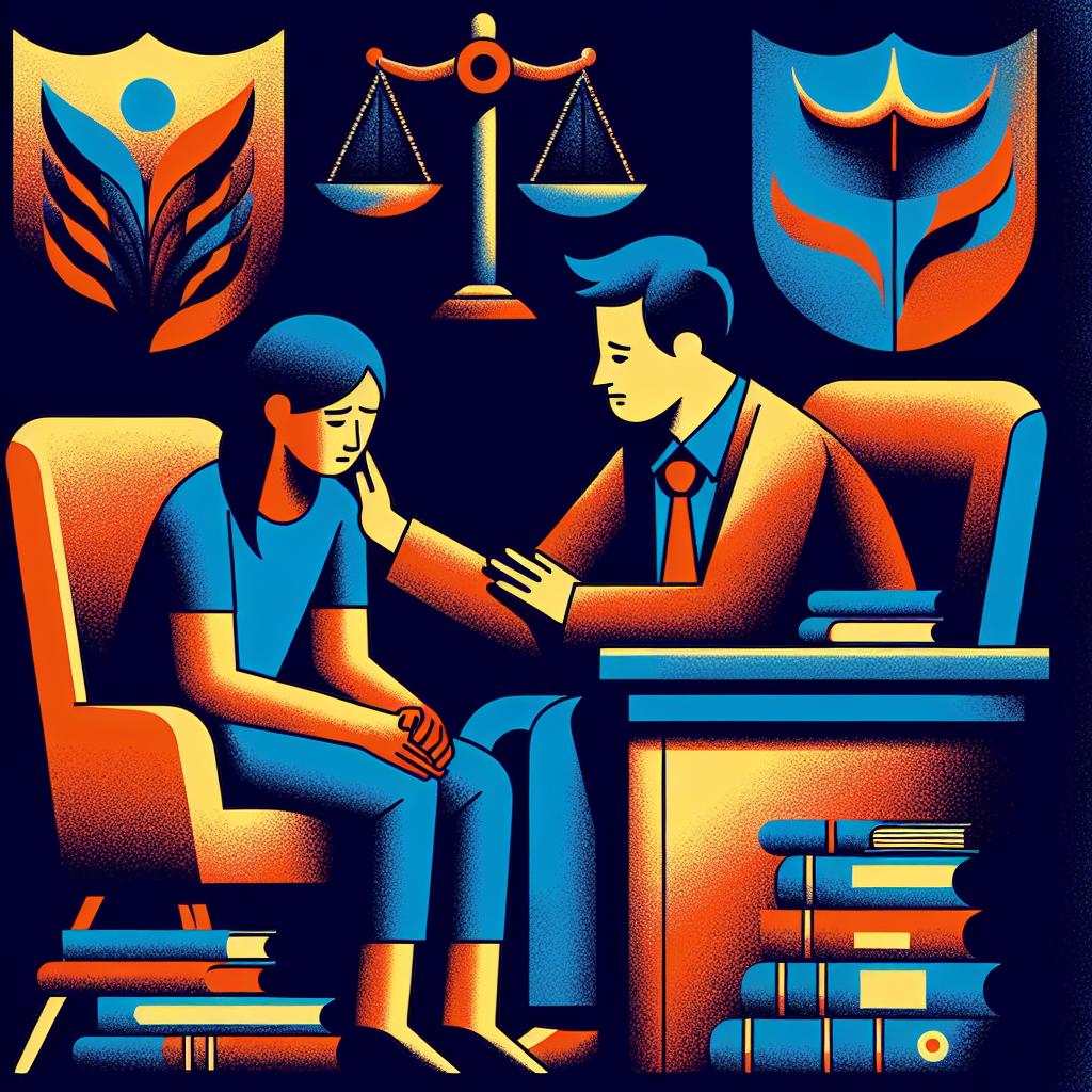 Here's a description for an image based on your requirements:

A stylized illustration depicting a supportive consultation scene. A compassionate counselor sits across from a distressed client, separated by a desk with legal documents. Symbolic icons of justice scales and a shield float above. Bold contrasting colors of deep blue and warm orange create a dramatic yet professional atmosphere. Clean lines and modern art style convey a sense of strength and hope. The characters have East Asian features representing Taiwanese individuals.