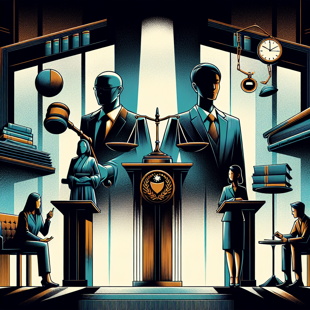 Here's a description for an image based on your requirements:

A stylized illustration shows a courtroom scene with bold, contrasting colors. A judge's gavel and scales of justice are prominently displayed. Two professional Taiwanese figures, one representing a lawyer and another a client, stand before a podium. Symbolic icons of law books, handcuffs, and a clock float in the background. The scene is dramatically lit, creating sharp shadows and a sense of tension. Clean lines and modern artistic elements frame the composition, conveying a serious yet visually engaging legal consultation theme.