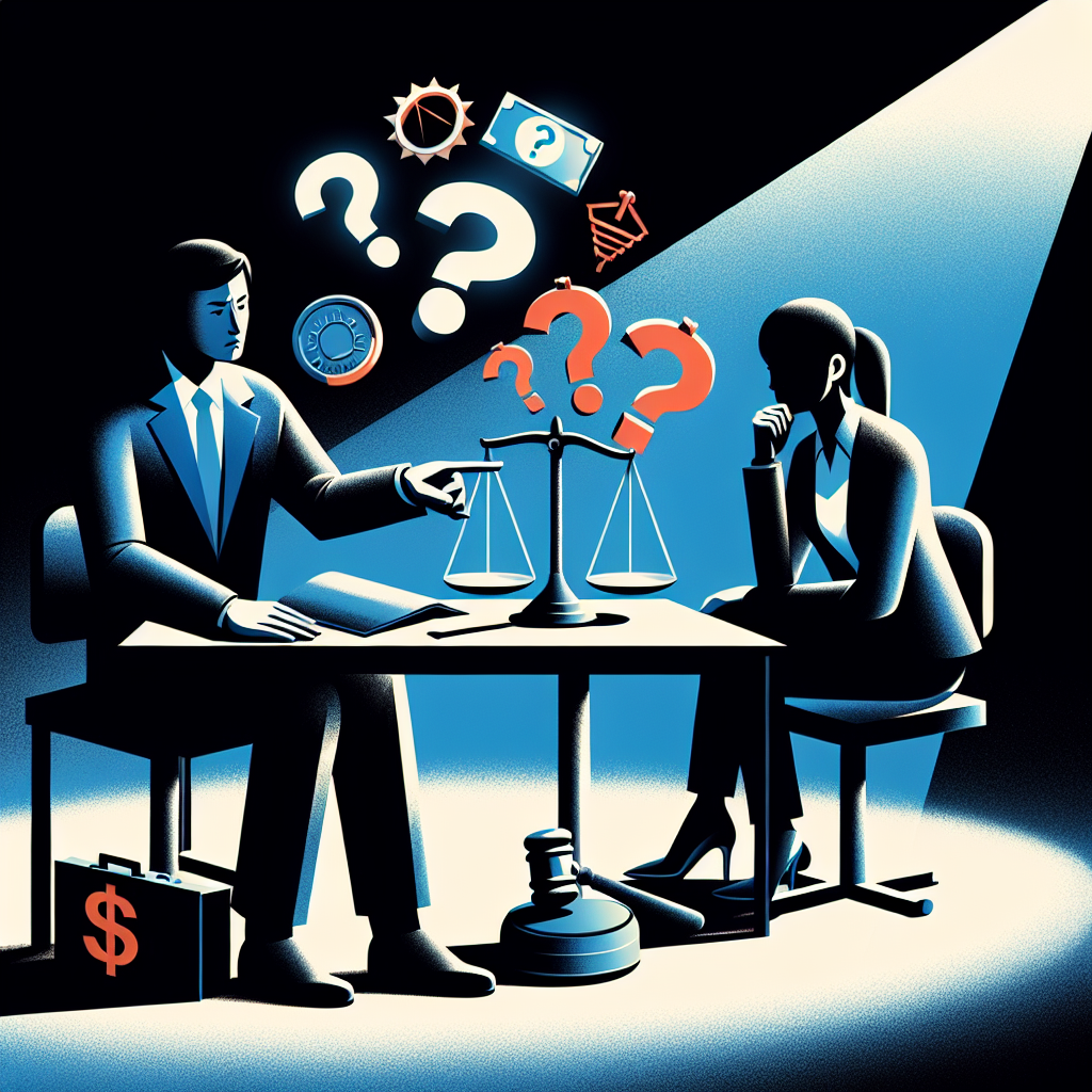 Here's a description for an image based on your requirements:

A stylized modern illustration depicting a legal consultation scene. A Taiwanese lawyer sits at a desk, gesturing towards floating question mark icons. Opposite, a concerned client leans forward. Between them, symbolic elements like scales of justice, handcuffs, and money symbols hover. Bold contrasting colors and clean lines create a dynamic, professional atmosphere. Dramatic lighting casts shadows, adding depth to the scene.