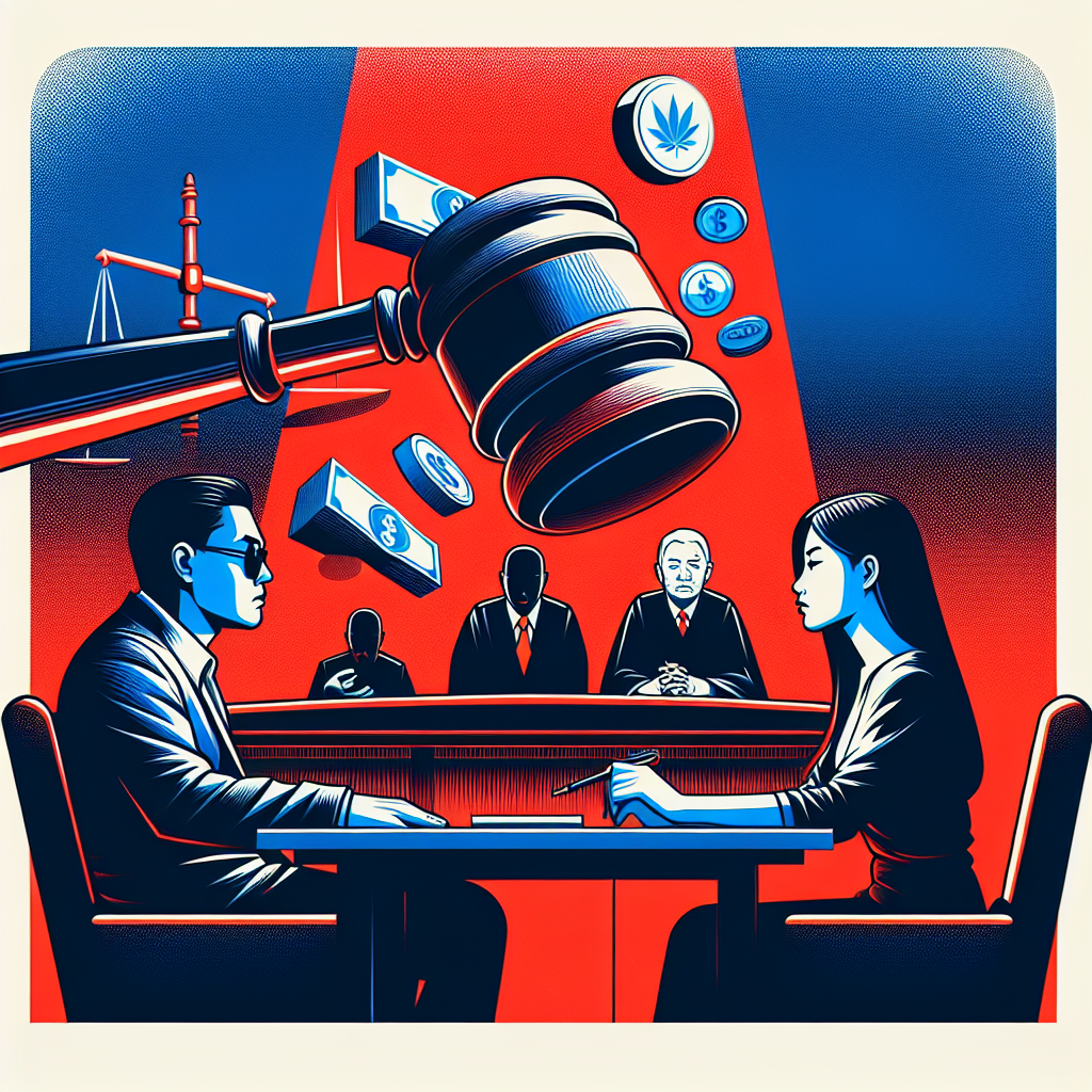 Here's a description for an image based on your requirements:

A stylized illustration depicting a Taiwanese courtroom scene. A judge's gavel hovers prominently in the foreground. To one side, a lawyer consults with a client. On the other, symbolic icons of drugs and money float, representing illegal substance trade. Bold red and blue colors contrast sharply, creating a dynamic atmosphere. Clean lines and dramatic lighting emphasize the legal consultation theme, while maintaining a modern art style.