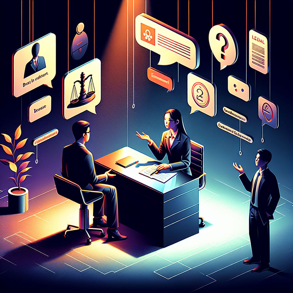 Here's a description for an image based on your requirements:

A stylized illustration depicting a legal consultation scene. Two Taiwanese professionals, one in a suit and one in business attire, sit across a modern desk. Between them, floating 3D icons represent "breach of trust" and "embezzlement". A large question mark hovers above, symbolizing FAQs. Bold contrasting colors and clean lines create a dynamic, professional atmosphere. Dramatic lighting highlights key elements, while artistic design maintains visual engagement.