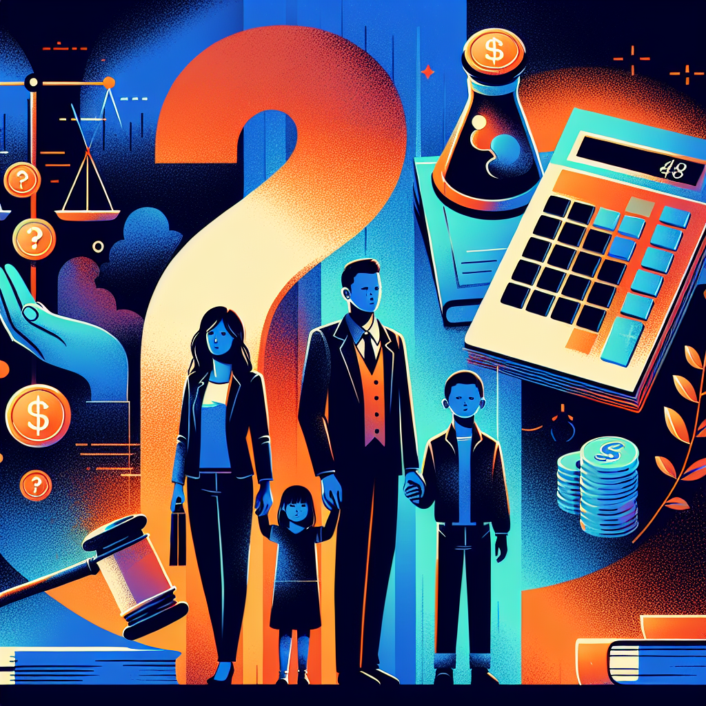 Here's a description for an image based on your requirements:

A stylized illustration shows a Taiwanese family silhouette in the foreground, with a large question mark behind them. To the right, a professional-looking lawyer figure stands next to a calculator icon. Above, floating symbolic elements include a gavel, coins, and a document. The scene uses bold colors like blue and orange, with clean lines and dramatic lighting, creating a dynamic and visually engaging composition that represents child support calculation and legal consultation.