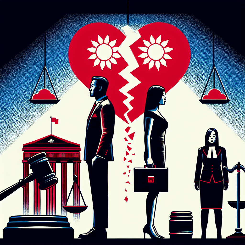 Here's a description for an image based on your requirements:

A stylized illustration depicting a Taiwanese couple standing apart, separated by a symbolic broken heart. A gavel and scales of justice hover above, representing legal proceedings. Bold red and blue colors contrast sharply. Clean lines form silhouettes of a courthouse and wedding rings. A professional lawyer figure stands to the side, offering guidance. The scene is dramatically lit, creating a dynamic and visually engaging composition that conveys the serious nature of divorce and marital disputes.