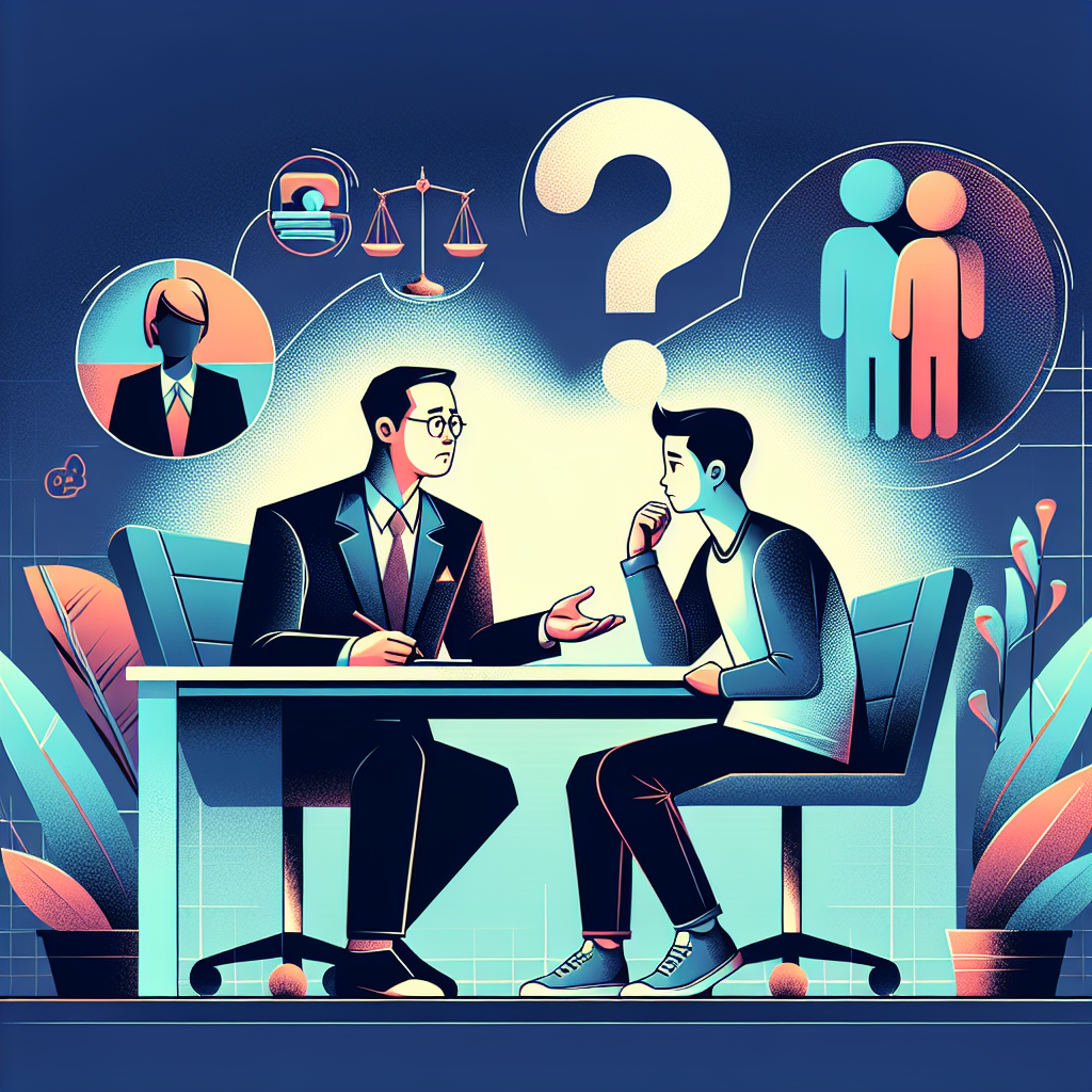 Here's a suitable image description based on your requirements:

A stylized illustration depicting a modern family law consultation scene. Two Taiwanese professionals, a lawyer and a client, sit at a sleek desk. Above them, floating icons represent child custody and visitation rights. Bold, contrasting colors and clean lines create a dynamic composition. A large question mark hovers in the background, symbolizing FAQs. The overall feel is professional yet visually engaging, with dramatic lighting enhancing the artistic design.