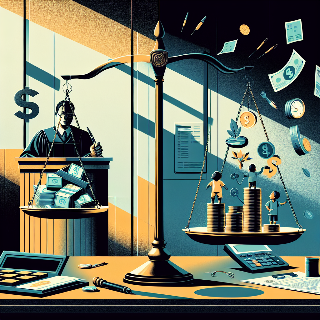 Here's a description for an image based on your requirements:

A stylized illustration shows a Taiwanese judge balancing scales, symbolizing fairness in child support calculations. On one side of the scales are stacks of coins and bills, on the other side are icons representing children's needs like food, education, and healthcare. A calculator and legal documents float nearby. The background features a modern courtroom in bold, contrasting colors with clean lines. The overall composition is dynamic and visually engaging, with dramatic lighting highlighting key elements.