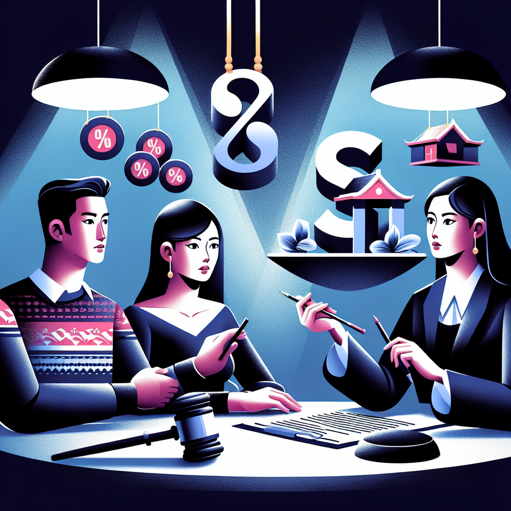 Here's a description for an image to accompany the article section:

A stylized illustration shows a Taiwanese couple sitting at a table with a legal professional. Between them, floating 3D numbers and percentages represent calculations. A large scale balances money symbols and a house icon. Bold, contrasting colors and clean lines create a modern, dynamic feel. Symbolic icons like a gavel and contract scroll add legal context. Dramatic lighting highlights key elements, conveying a professional yet visually engaging consultation scene.