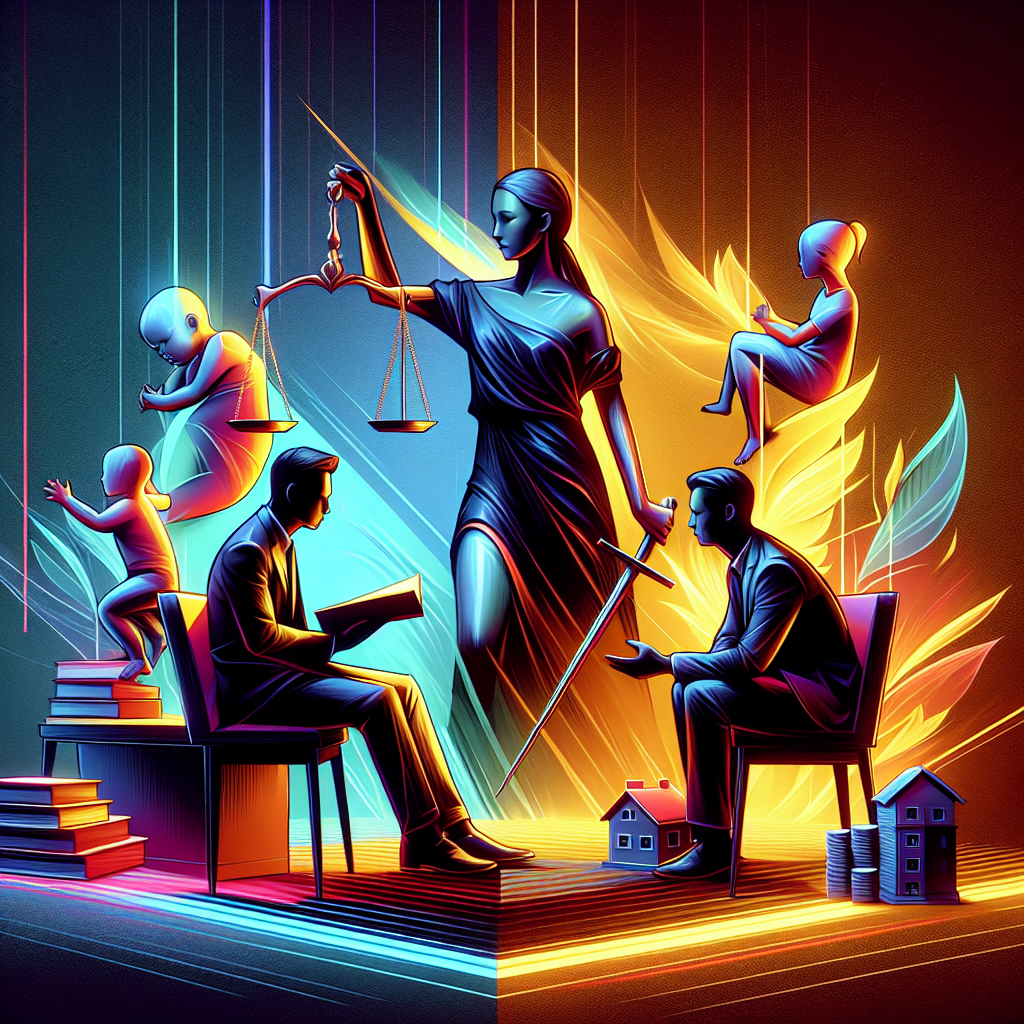 Here's a description for an image based on your requirements:

A stylized modern illustration depicting a professional Taiwanese lawyer consulting with two clients, representing divorced parents. A symbolic scale of justice hovers between them. Bold, contrasting colors and clean lines create a dynamic scene. Icons representing children, houses, and legal documents float around the figures. Dramatic lighting highlights key elements, conveying a legal consultation theme with artistic flair.