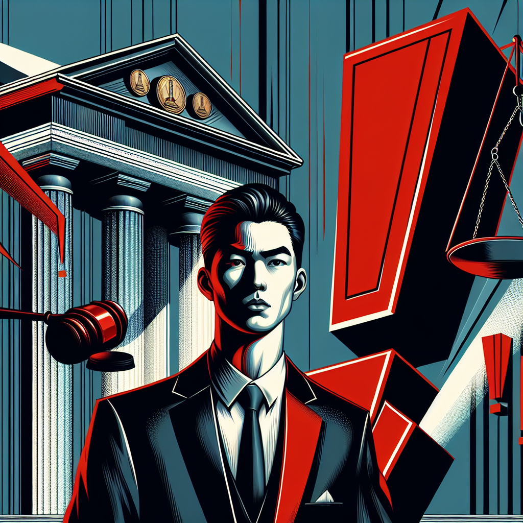 Here's a description for an image based on your requirements:

A stylized illustration shows a Taiwanese professional in a suit confidently standing before a large red exclamation mark, symbolizing a warning account. Behind them, a courthouse facade looms. To one side, legal icons like scales of justice and a gavel float. Bold lines and contrasting colors create a dynamic, modern art feel. Dramatic lighting casts long shadows, adding depth and intensity to the scene.