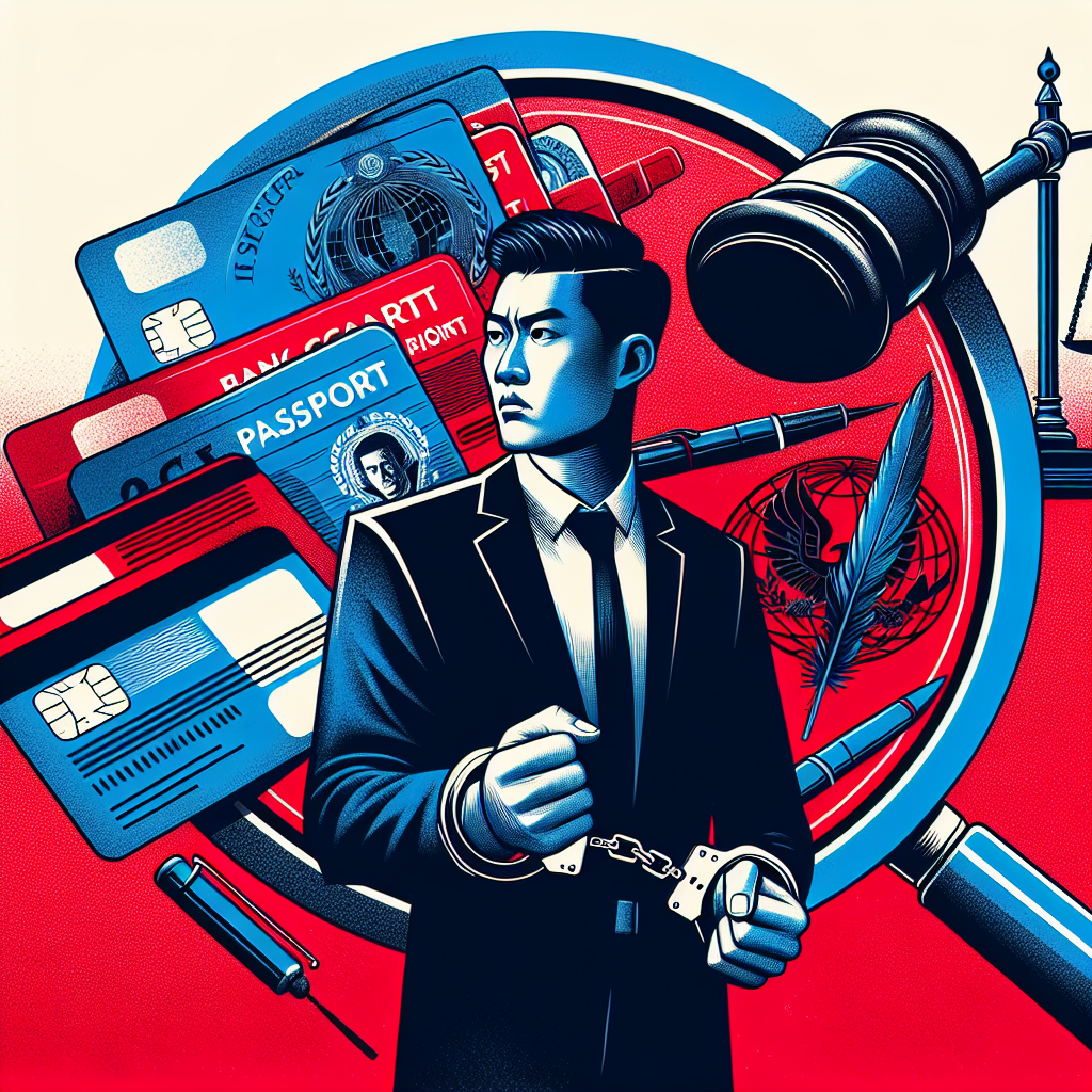 Here's a description for an image based on your requirements:

A stylized illustration showing a Taiwanese businessman in handcuffs, symbolizing the arrested fraudster. Behind him, a large magnifying glass reveals multiple bank cards and passports, representing the use of shell accounts. To the side, a judge's gavel and scales of justice emphasize legal consequences. Bold red and blue colors contrast against a stark white background, creating a dynamic and visually striking composition that conveys the seriousness of financial crimes and their legal ramifications.