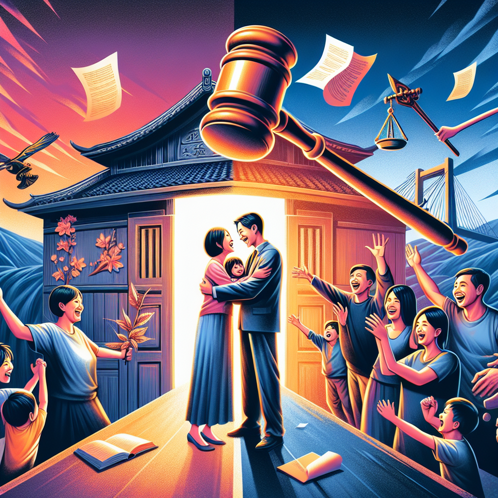 Here's a description for the image:

A stylized illustration shows a Taiwanese family reuniting, with parents embracing children. A large gavel transitions into a bridge, symbolizing legal changes. Contrasting bold colors separate past and present. Legal documents and family icons float around, representing restored rights. The scene is dramatically lit, creating a dynamic and hopeful atmosphere.

This 60-word description visualizes key concepts related to revoking termination of parental rights, changes in rights, and legal impacts in a modern, artistic style. It incorporates the requested elements while maintaining a professional and engaging feel without using any Chinese characters.