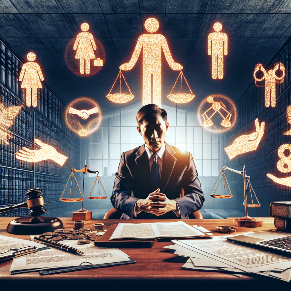 Here's a description for an image based on your requirements:

A stylized modern illustration depicting a legal consultation scene. A Taiwanese lawyer in professional attire sits at a desk, gesturing towards floating symbolic icons representing consent, accusation, and justice. Bold contrasting colors and clean lines create a dynamic composition. Dramatic lighting highlights key elements, while artistic design elements like scales of justice and legal documents add depth. The overall feel is visually engaging and professional, conveying the complexities of sexual assault allegations and legal analysis.