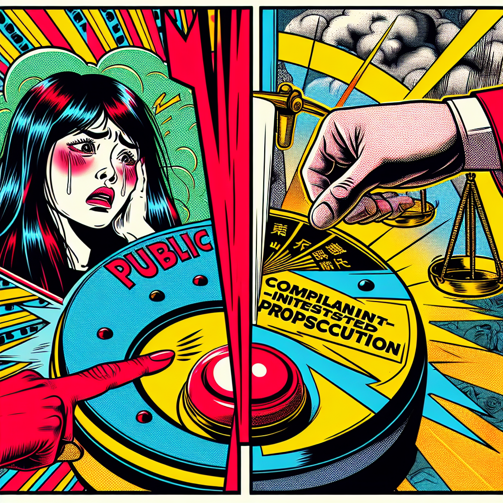 圖片描述：

A split-screen illustration in vibrant comic style. On the left, a distressed Taiwanese woman points accusingly at a man, with "Public Prosecution" written above. On the right, the same woman hesitates to press a large red button labeled "Complaint-Initiated Prosecution". A scales of justice balances between the two sides, symbolizing the legal dilemma in domestic violence cases. Exaggerated facial expressions and bold, dynamic lines emphasize the emotional tension. The background features contrasting bright colors to highlight the two different legal approaches.