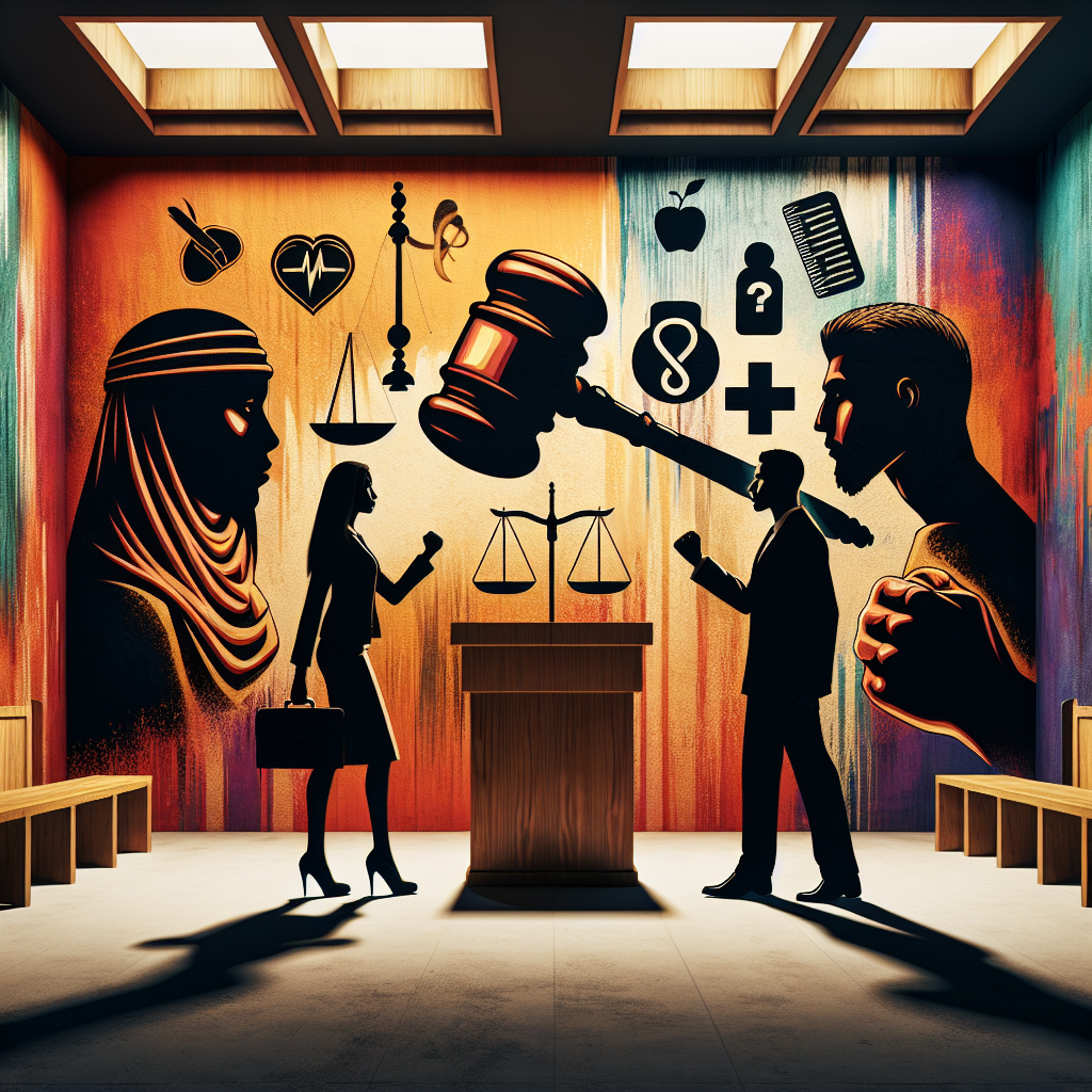 Here's a description for an image based on your requirements:

A stylized courtroom scene with bold, contrasting colors. A judge's gavel hovers prominently, symbolizing justice. Two figures - a lawyer and defendant - stand facing each other, their silhouettes sharp and dramatic. Floating icons represent key elements of assault crimes: a fist, a medical cross, and scales of justice. Dynamic lighting casts long shadows, creating a tense atmosphere. The overall composition is modern and visually striking, conveying the gravity of legal proceedings.