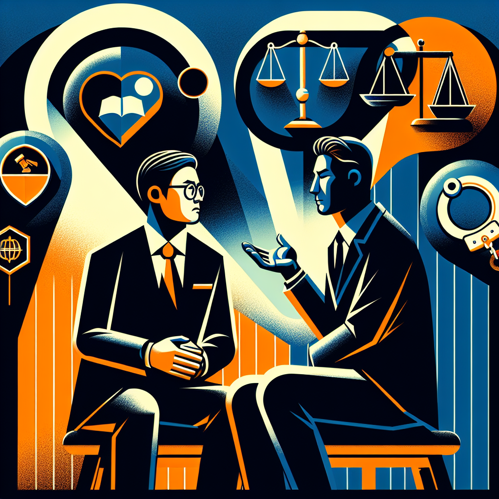 Here's a description for an image based on your requirements:

A stylized modern illustration depicting a Taiwanese legal professional consulting with a client. Bold contrasting colors and clean lines frame the scene. Symbolic icons of scales, gavel, and handcuffs float around them. A dramatic spotlight illuminates key elements, creating a dynamic and visually engaging composition that represents legal consultation and fraud accomplice concepts.