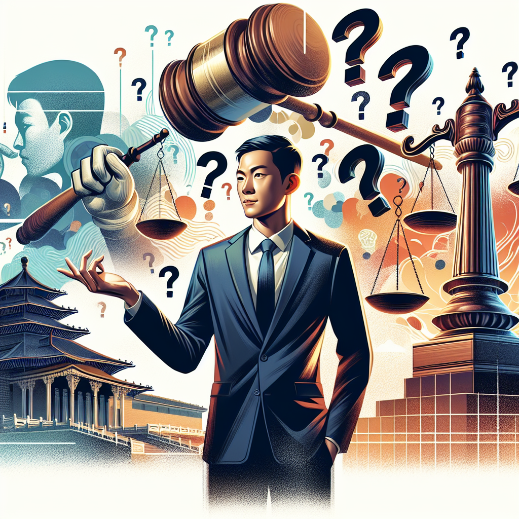 Here's a suitable image description based on your requirements:

A stylized illustration depicting a legal consultation scene. A Taiwanese lawyer in professional attire stands confidently, gesturing towards floating question mark icons. Behind them, a large gavel and scales of justice symbolize the legal system. Bold, contrasting colors and clean lines create a dynamic, modern art style. Dramatic lighting highlights key elements, while subtle background patterns add depth. The overall composition conveys a sense of expertise and support in addressing sensitive legal matters.