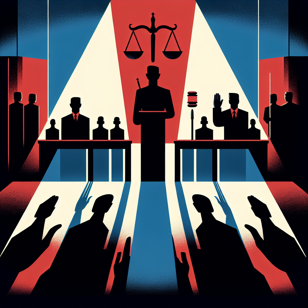 Here's a suitable image description based on your requirements:

A stylized modern art illustration depicting a courtroom scene. A witness stand is prominently featured, with a silhouette of a person taking an oath. Scales of justice and a gavel hover above, symbolizing law and order. Bold red and blue colors contrast sharply. Clean lines form abstract representations of judge, jury, and attorneys. Dramatic lighting casts long shadows, creating a sense of gravity and importance. The overall composition is dynamic and visually engaging, conveying the serious nature of courtroom testimony and the consequences of perjury.