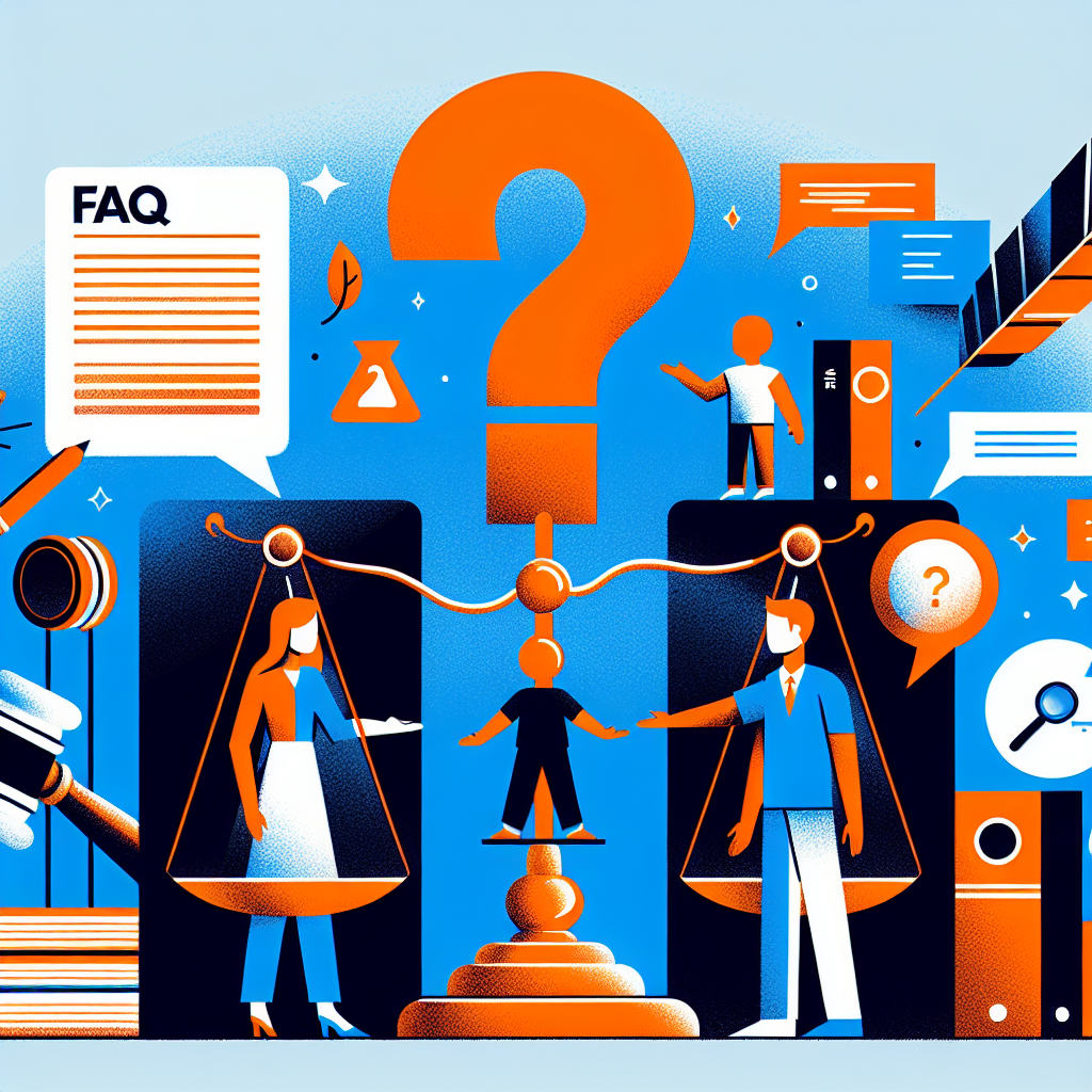 Here's a description for an image that meets your requirements:

A stylized illustration shows two Taiwanese parents facing each other, separated by a large question mark. Between them, a child figure stands on a balance scale. Legal icons like gavels and documents float around. Bold colors of blue and orange contrast dramatically. Clean lines and geometric shapes create a modern, professional feel. A counselor figure gestures towards an oversized FAQ sign, symbolizing guidance through common custody questions.