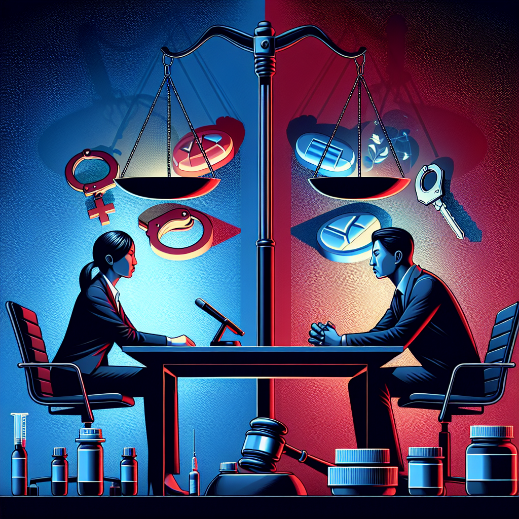 Here's a description for the image based on your requirements:

A stylized illustration depicting a tense legal consultation scene. A Taiwanese lawyer and client sit across a modern desk, separated by a symbolic scale of justice. Bold red and blue lines represent opposing strategies. Pill bottles and handcuffs hover in the background, while a gavel and law book icons float nearby. Dramatic lighting casts long shadows, creating a sense of high stakes and complex decision-making in this drug-related case study.