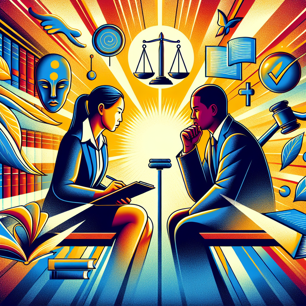 Here's a description for an image based on your requirements:

A stylized illustration depicting a Taiwanese legal professional consulting with a client. Bold contrasting colors and clean lines frame the scene. Symbolic icons like scales of justice, law books, and a gavel float around them. A dramatic spotlight illuminates the central figures, emphasizing the serious nature of sexual harassment cases. The background features abstract representations of legal documents and paragraphs, creating a dynamic and visually engaging composition that conveys the theme of legal mechanisms for addressing sexual harassment.