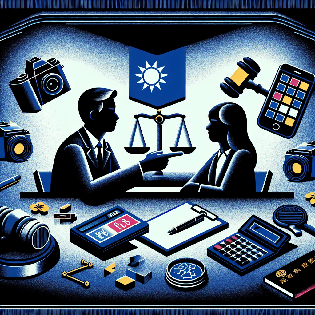 Here's a description for an image based on your requirements:

A stylized illustration depicting a professional Taiwanese lawyer consulting with a client. Bold contrasting colors and clean lines frame the scene. Evidence collection tools like cameras and notepads are symbolically represented. A gavel and scales of justice hover in the background, emphasizing legal themes. Dramatic lighting casts shadows, creating a dynamic and engaging composition that conveys the seriousness of sexual assault cases and evidence gathering.