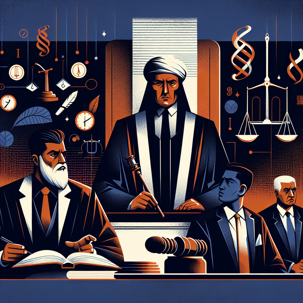 Here's a description for an image based on your requirements:

A stylized modern illustration depicting a courtroom scene. A stern judge in traditional robes stands behind the bench, gavel raised. To one side, a concerned-looking defendant in business attire consults with their lawyer. On the other, a prosecutor points accusingly. Symbolic icons float above - handcuffs, scales of justice, and a paragraph symbol. Bold contrasting colors of deep blue and warm orange create dramatic lighting. Clean lines and geometric shapes give a professional yet dynamic feel. All characters appear to be of Taiwanese descent.