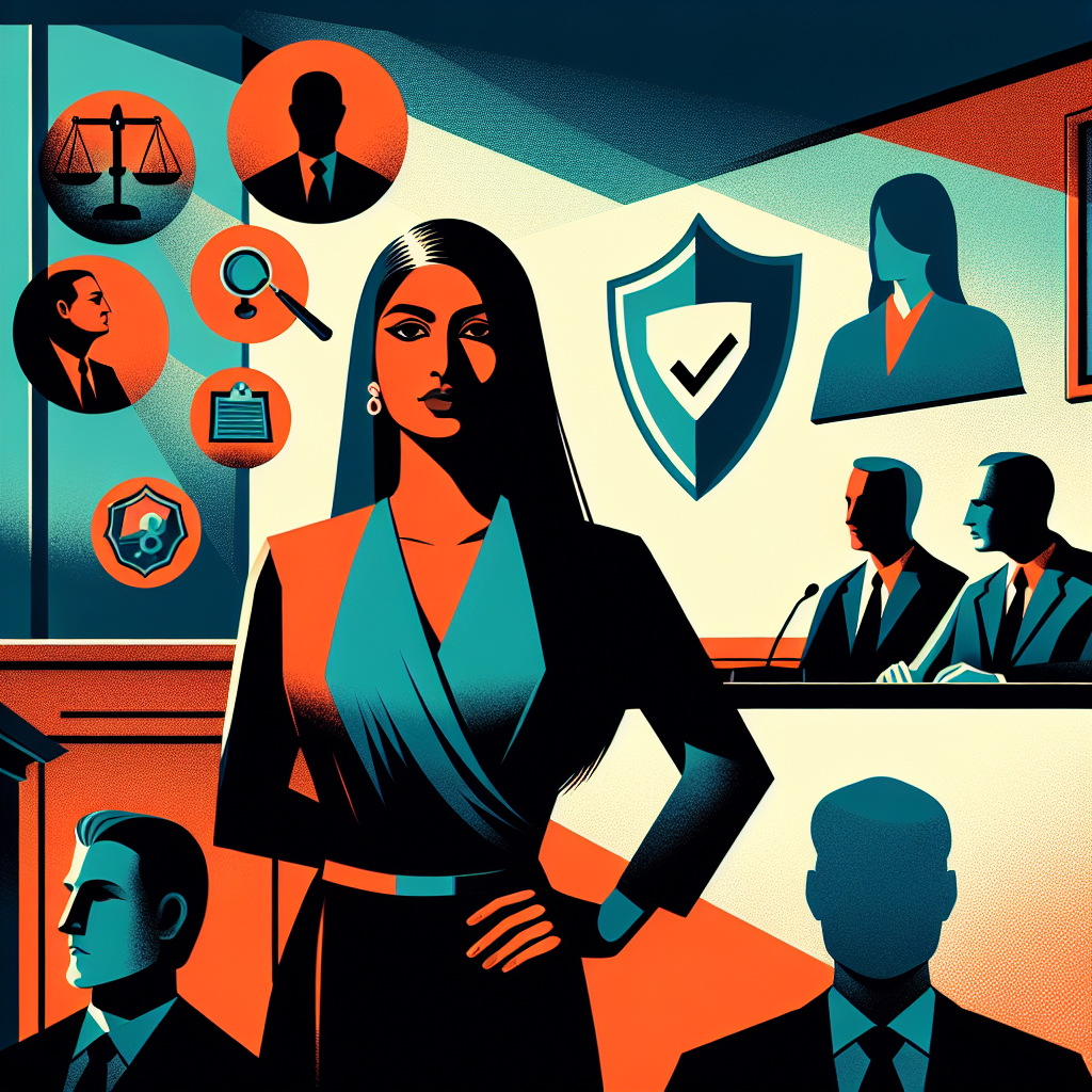 Here's a description for an image based on your requirements:

A stylized illustration depicting a courtroom scene with bold, contrasting colors. A female figure stands confidently at the center, symbolizing a victim seeking justice. To her left, evidence icons float, representing the importance of documentation. On the right, a shield icon represents self-protection. The background shows silhouettes of legal professionals. Dramatic lighting casts long shadows, creating a sense of tension and importance.