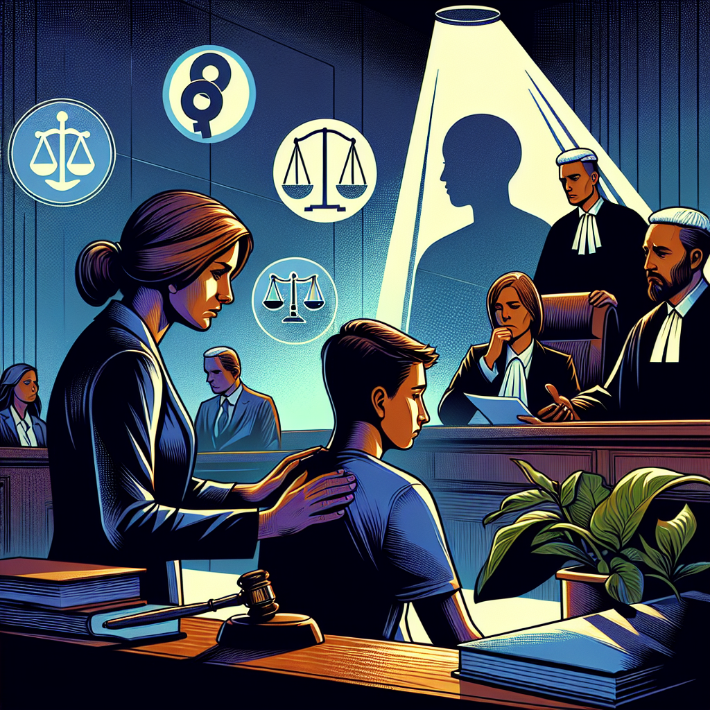 Here's a description for an image that fits your requirements:

A stylized illustration showing a courtroom scene with bold colors and clean lines. A judge's gavel and scales of justice are prominently featured. To one side, a sympathetic counselor comforts a young person, while on the other, legal professionals discuss documents. Symbolic icons representing child protection and victim rights float above. The scene is dramatically lit, creating a dynamic and engaging composition that conveys the serious nature of sexual assault cases involving minors and the complexities of the legal process.