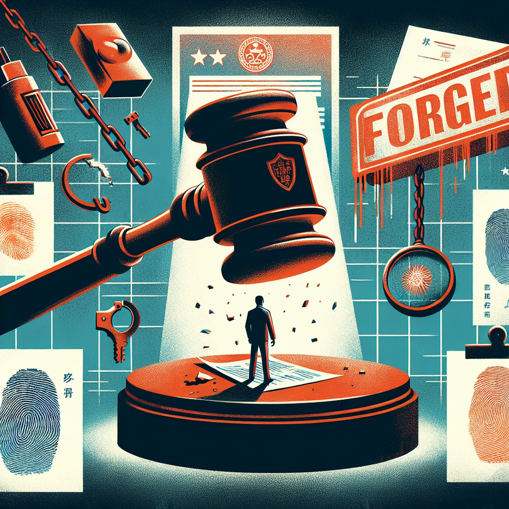 Here's a description for an image based on your requirements:

A stylized illustration depicts a Taiwanese judge's gavel striking a document, creating ripples that transform into digital waves. Floating around are icons representing truth and deception - a magnifying glass, fingerprints, and a broken chain. A silhouette of a person stands before an oversized stamp marked "FORGED" in bold red. The background features contrasting shades of blue and orange, symbolizing the tension between law and crime. Clean lines and dramatic lighting enhance the modern, professional feel of the legal theme.