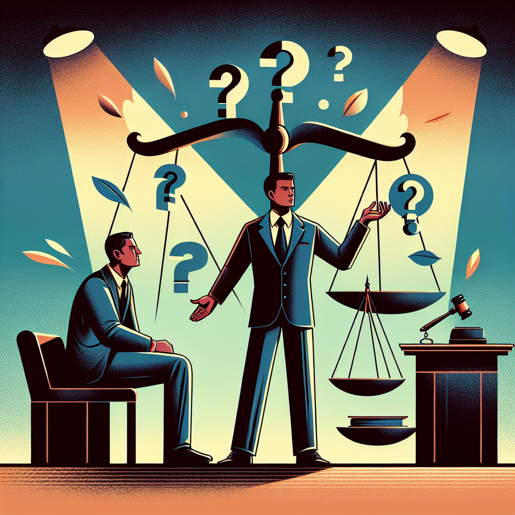 Here's a description for an image based on your requirements:

A stylized modern art illustration depicting a legal consultation scene. A Taiwanese lawyer in professional attire stands confidently, gesturing towards floating question mark icons. Opposite, a concerned client figure listens intently. Between them, a symbolic scale of justice balances truth and lies. Bold, contrasting colors and clean lines create a dynamic, visually engaging composition. Dramatic lighting emphasizes key elements, conveying themes of protection and strategy in addressing false accusations.