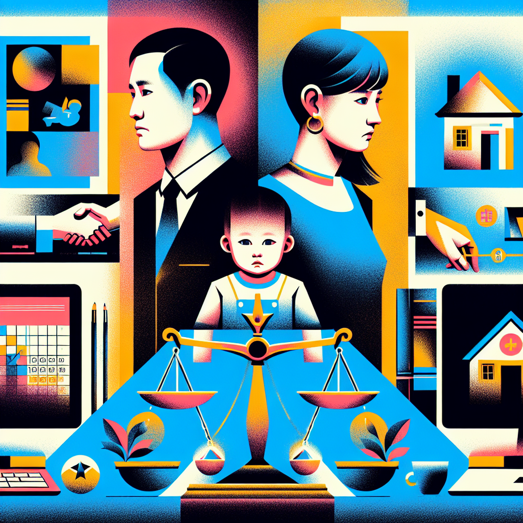 以下是符合您要求的圖片描述:

A stylized illustration showing two Taiwanese parents separated by a dotted line, with a child figure in the center. On one side, a calendar icon represents visitation rights. On the other, a house icon symbolizes custody. Legal scales balance above, with vibrant contrasting colors and clean lines creating a dynamic, professional feel. Dramatic lighting highlights key elements against a modern art-inspired background.