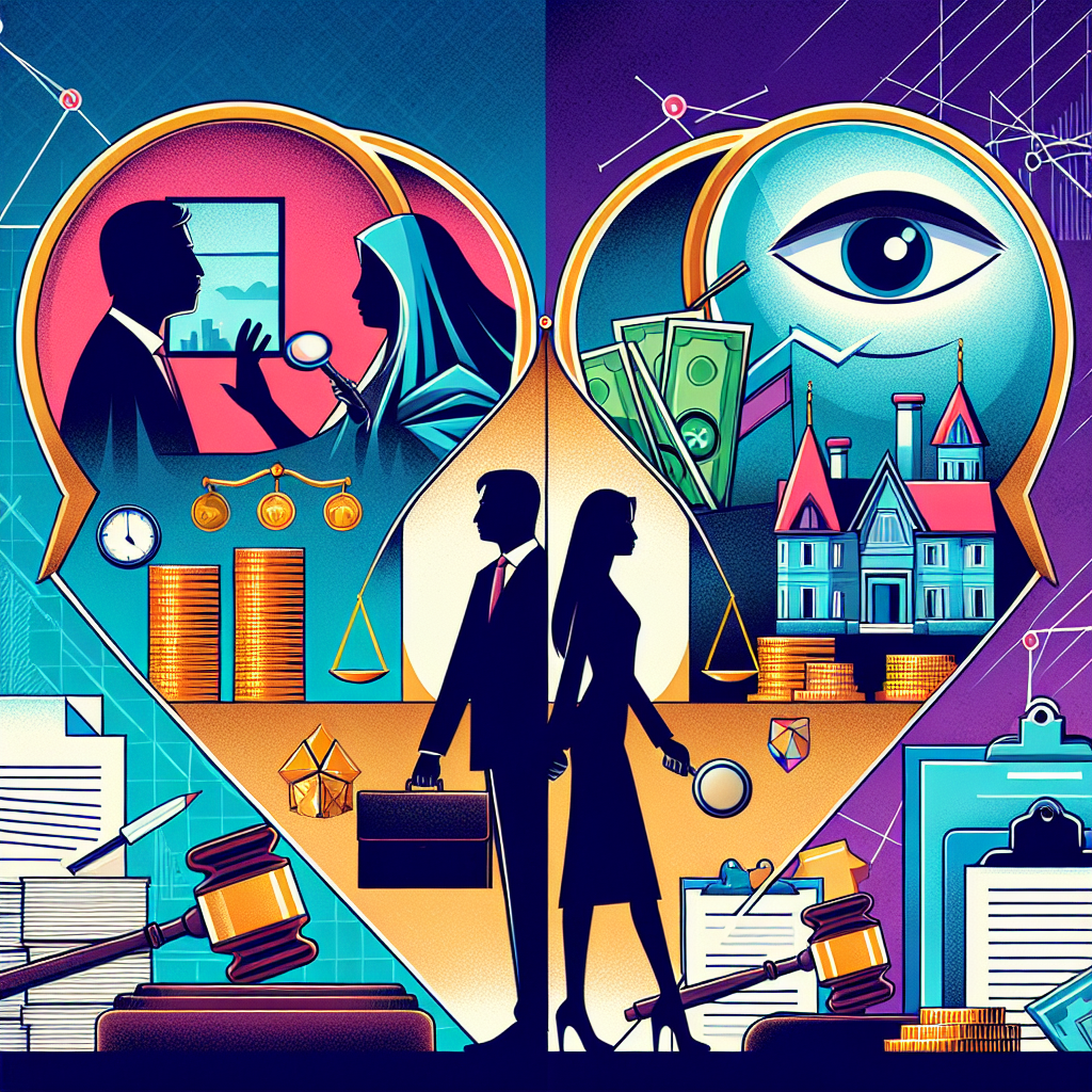 Here's a description for an image based on your requirements:

A stylized illustration showing a split scene: on one side, a silhouette of a couple separating, and on the other, a magnifying glass revealing hidden assets like property and cash. A Taiwanese lawyer figure stands in the center, connecting both sides. Bold contrasting colors and clean lines create a dynamic, professional feel. Symbolic icons of legal documents and financial symbols float around the composition, emphasizing the theme of divorce asset disclosure.