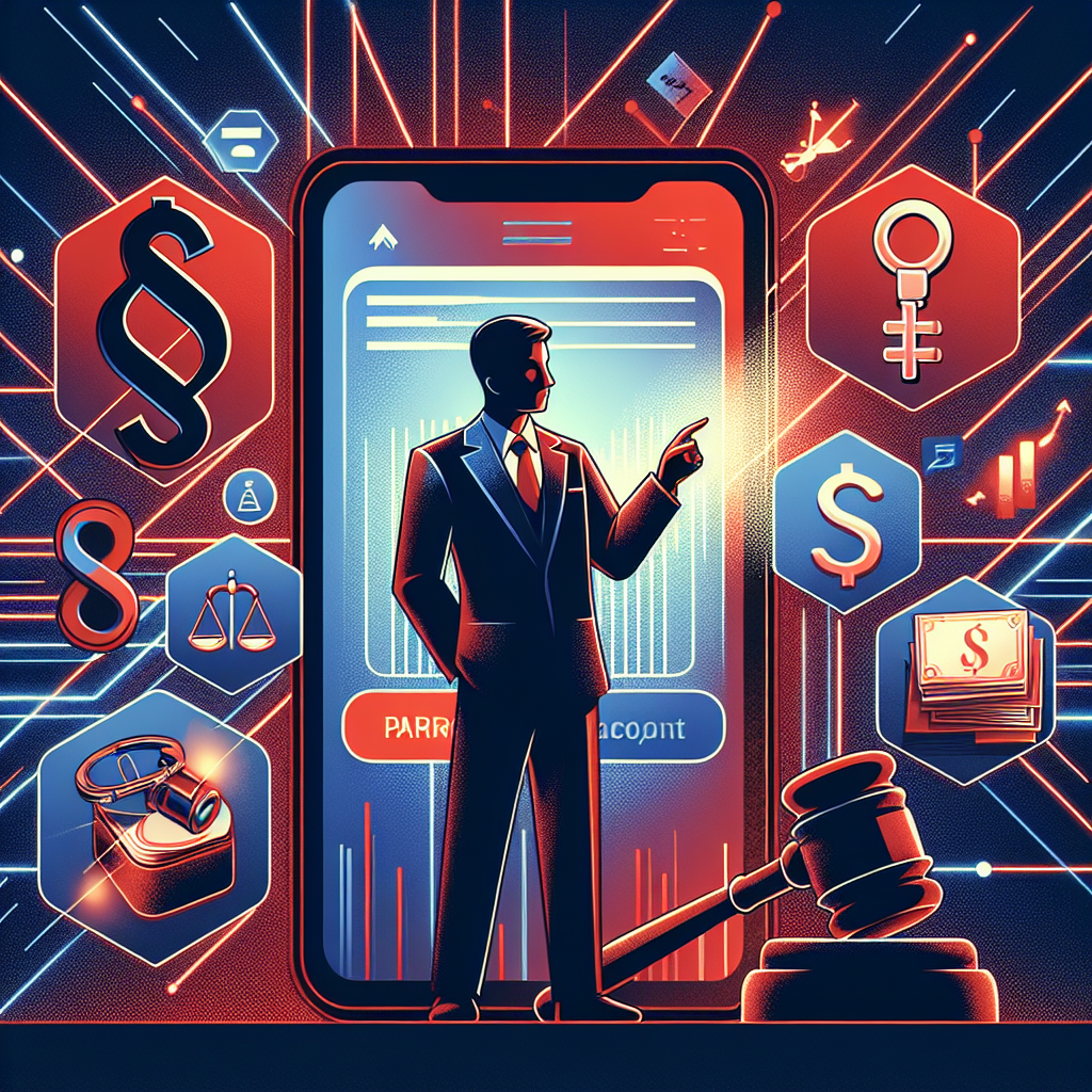 Here's a description for an image based on your requirements:

A stylized illustration depicting a Taiwanese lawyer in a suit, gesturing towards a large smartphone screen showing a bank account alert. Symbolic icons of handcuffs, gavel, and paragraph symbols float around. Bold red and blue lines intersect, creating a dynamic background. A shadowy figure represents a fraudster, contrasting with the illuminated lawyer. The scene conveys legal consultation on account fraud warnings with a modern, artistic flair.