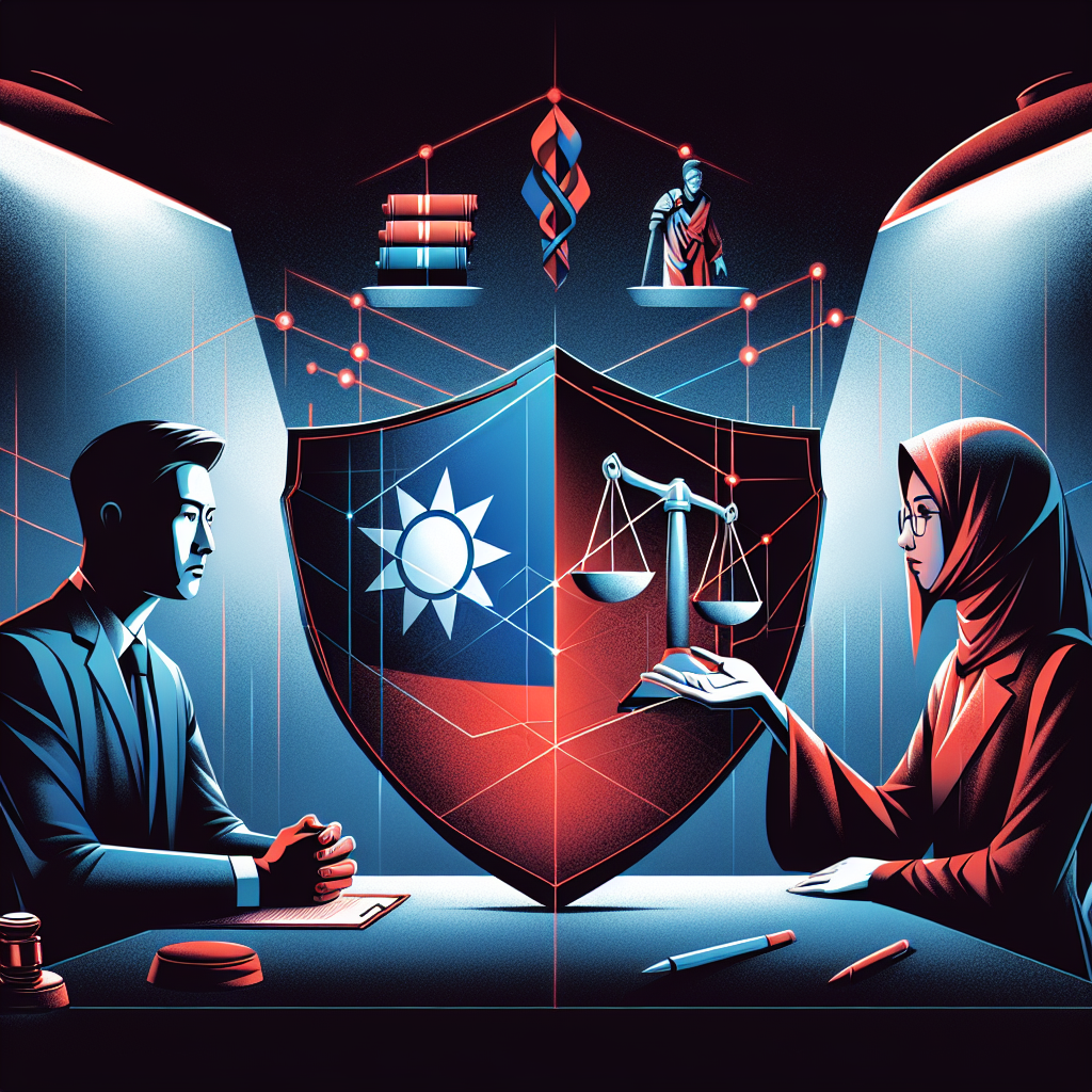 Here's a suggested image description based on your requirements:

A stylized illustration showing a Taiwanese lawyer and client in consultation. The lawyer holds a shield symbolizing defense strategies, while scales of justice hover above. Bold red and blue lines intersect, representing legal complexities. In the background, a gavel and law book icons float. The scene is dramatically lit, creating sharp contrasts and a sense of tension and resolution.