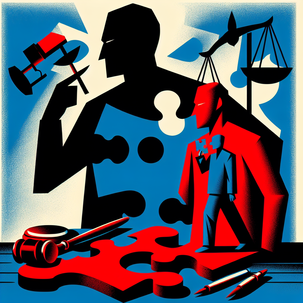 Here's a description for an image that meets your requirements:

A stylized illustration shows two contrasting figures - a shadowy silhouette representing the main criminal, and a smaller figure beside them symbolizing the accomplice. They're connected by interlocking puzzle pieces, suggesting their interrelated roles. A large gavel and scales of justice hover above, emphasizing the legal theme. Bold red and blue tones create a dramatic effect against a stark white background. Clean lines and geometric shapes give the image a modern, professional feel.