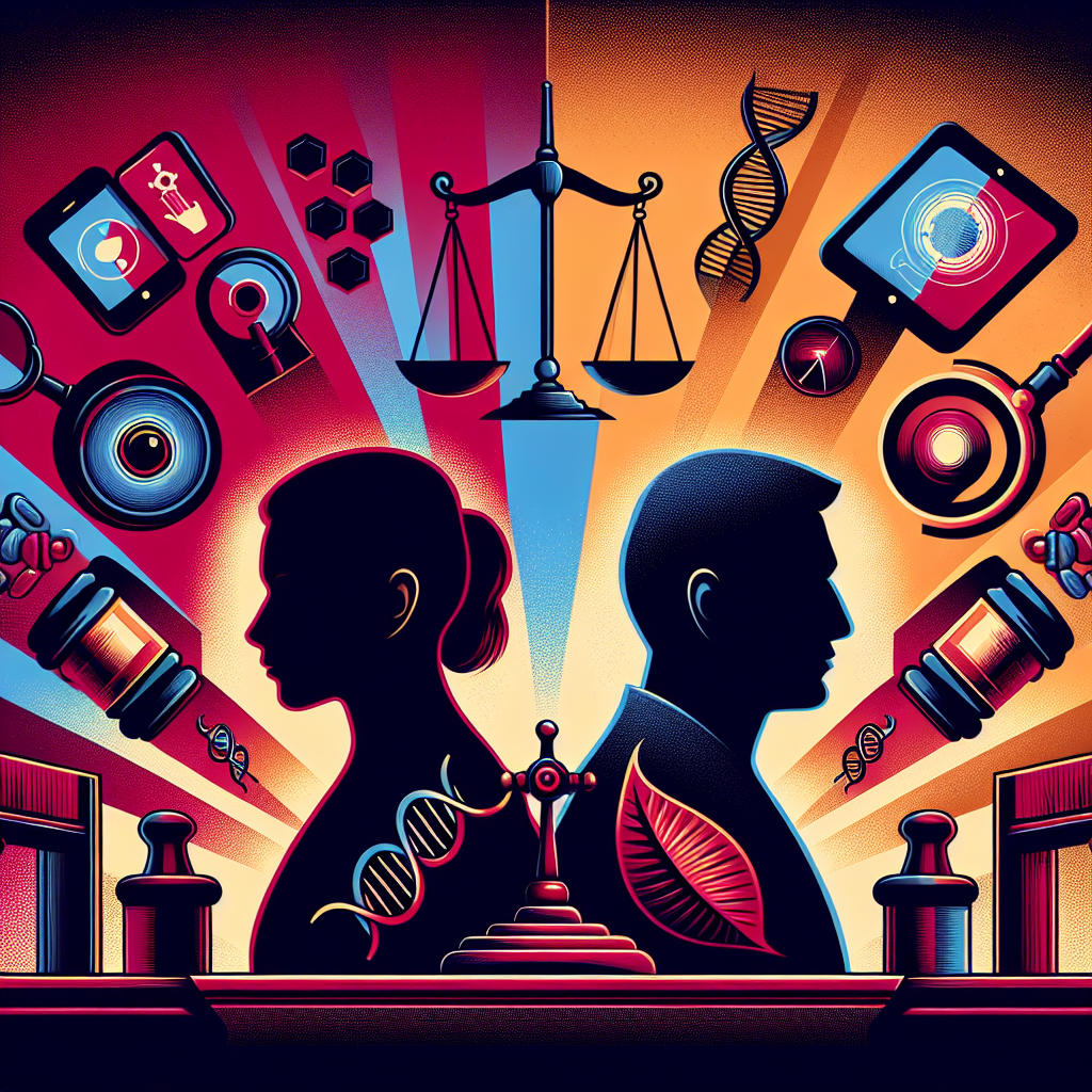 Here's a description for an image that meets your requirements:

A stylized courtroom scene with bold contrasting colors. A judge's gavel and scales of justice prominently displayed. Two silhouettes face each other - one representing the accused, the other the accuser. Evidence icons float between them: DNA strands, text messages, and surveillance cameras. A dramatic spotlight illuminates the center, symbolizing the search for truth in complex cases.