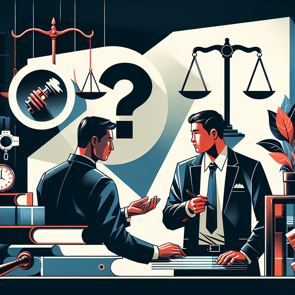 Here's a suitable image description based on your requirements:

A stylized illustration showing a Taiwanese professional in a suit consulting with a client. Bold, contrasting colors and clean lines depict a legal office setting. Symbolic icons like scales of justice, handcuffs, and documents float around them. A large question mark looms in the background, representing FAQs. Dramatic lighting casts shadows, creating a dynamic and engaging scene that conveys legal risks and consultations.