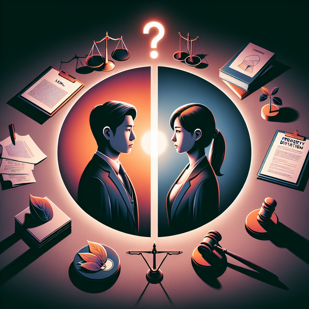 Here's a description for an image based on your requirements:

A stylized illustration showing two Taiwanese figures facing each other across a divided circle, symbolizing property division. Bold, contrasting colors separate the halves. Legal icons like scales, documents, and a gavel float around them. Clean lines and dramatic lighting create a dynamic, professional atmosphere. A question mark hovers above, representing FAQs about divorce proceedings.