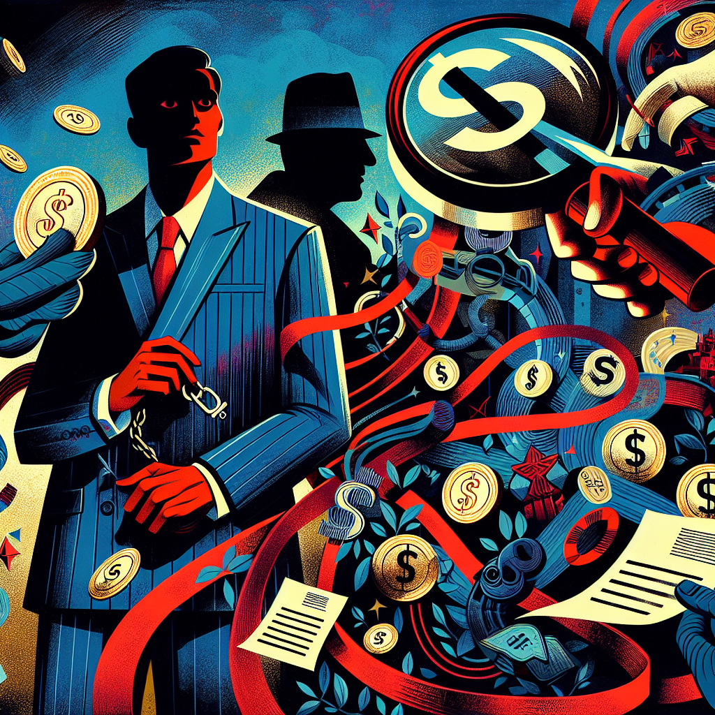 Here's a description for an image to accompany the article section:

A stylized illustration depicting a Taiwanese banker in a suit, surrounded by swirling money symbols and bank icons. Dark shadows loom behind, representing criminal elements. A large magnifying glass focuses on documents, symbolizing investigation. Bold red lines connect various elements, suggesting a complex network. The scene is set against a contrasting background of blue and gold, creating a dramatic and professional atmosphere.