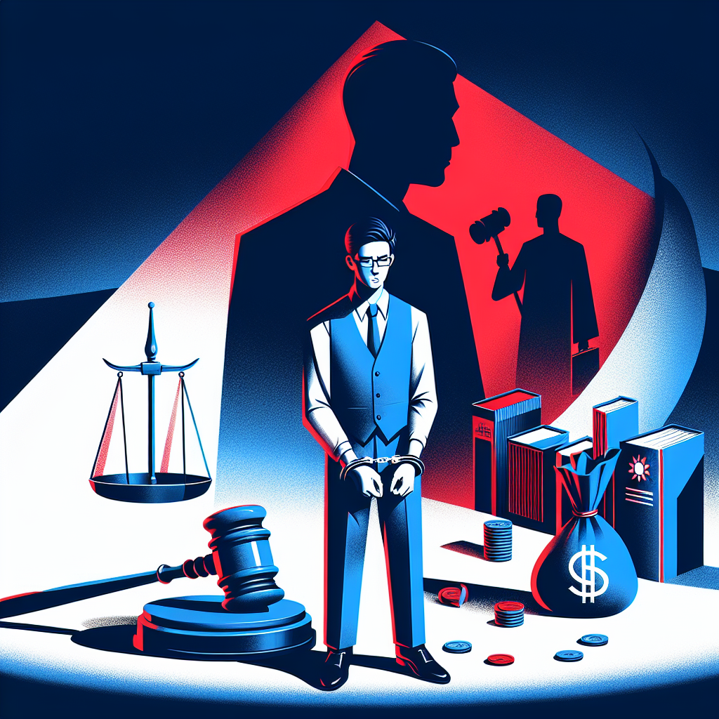 Here's a description for an image that meets your requirements:

A stylized illustration showing a Taiwanese businessman in handcuffs, standing before an oversized gavel and law book. Behind him, a shadowy figure represents breach of trust. Bold red and blue colors contrast against a stark white background. Symbolic icons of money bags and corporate buildings float around the scene. Clean lines and dramatic lighting create a dynamic, professional feel, visualizing the legal consequences of financial crimes.