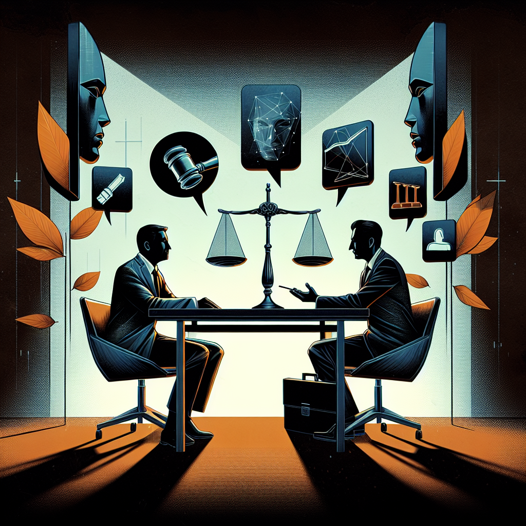 Here's a description for an image that meets your requirements:

A stylized illustration depicting a legal consultation scene. Two Taiwanese professionals, one representing誣告罪 and the other 誹謗罪, face each other across a modern desk. Between them, floating symbolic icons represent key legal concepts. Bold, contrasting colors and clean lines create a dynamic, visually engaging composition. Dramatic lighting highlights the tension between the two sides, while artistic design elements reinforce the professional atmosphere.