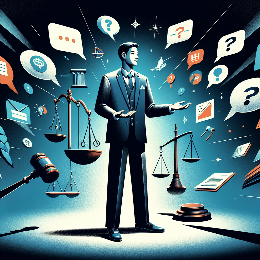 Here's a description for an image based on your requirements:

A stylized modern art illustration depicting a legal consultation scene. A Taiwanese lawyer in professional attire stands confidently, gesturing towards floating speech bubbles and question marks. Symbolic icons like scales of justice, gavel, and legal documents orbit around. Bold, contrasting colors and clean lines create a dynamic composition. Dramatic lighting casts shadows, adding depth. The overall design balances professionalism with artistic flair, visualizing the concept of addressing common legal questions about defamation.