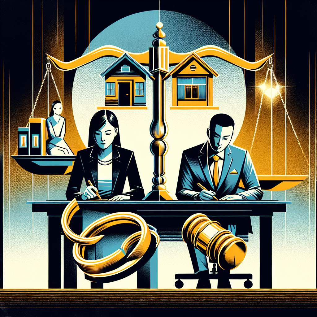 Here's a suitable image description based on your requirements:

A stylized modern art illustration depicting a legal consultation scene. Two Taiwanese professionals, a lawyer and client, sit at a desk with bold, contrasting colors. Symbolic icons float above, representing property division: a house split in half, intertwined wedding rings, and a balance scale. Clean lines and dramatic lighting create a dynamic, visually engaging composition, conveying the complexity of divorce property division in a professional yet artistic manner.