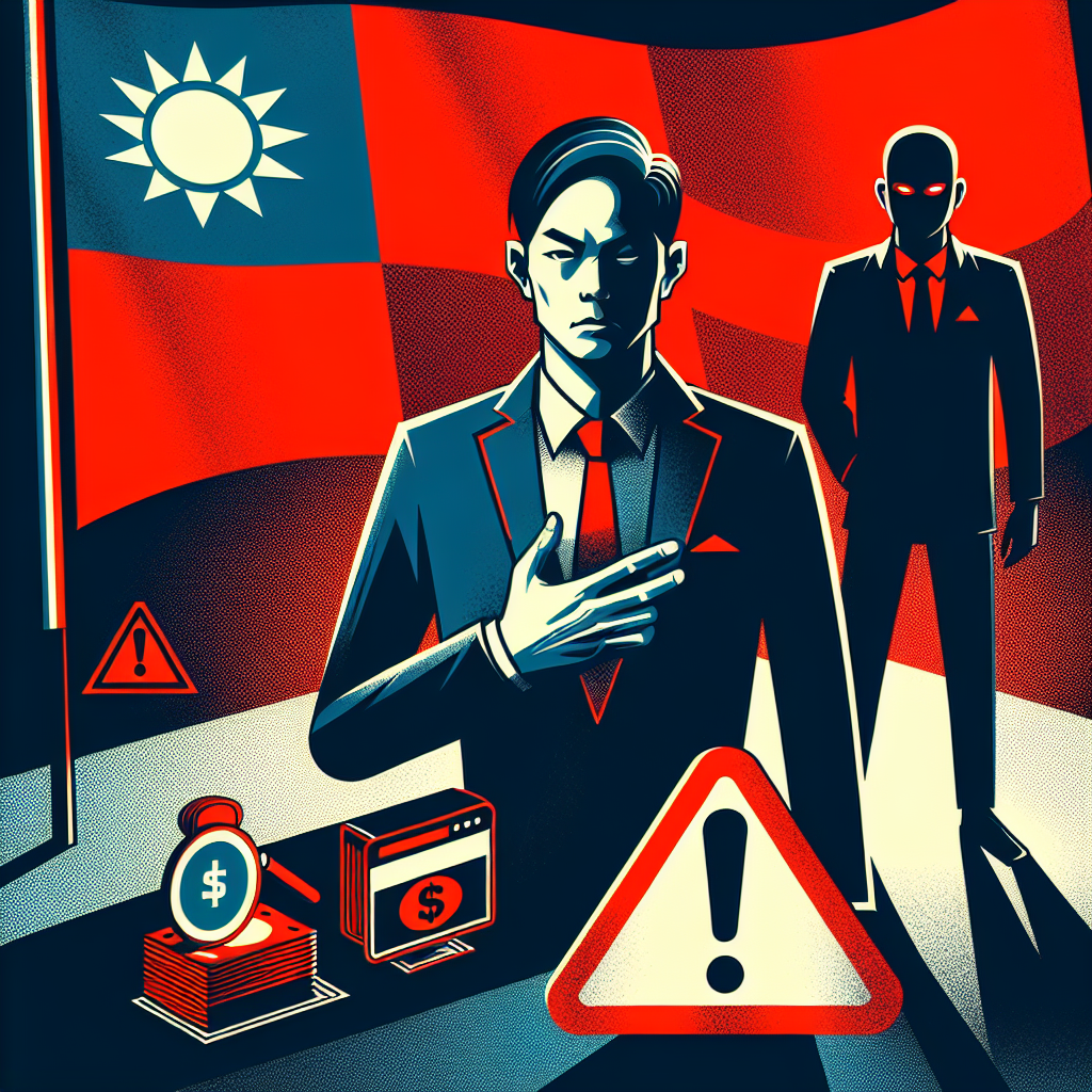 Here's a suitable image description based on your requirements:

A stylized illustration depicting a Taiwanese banker in a suit, looking concerned, standing next to a giant red warning flag. Behind him, a shadowy figure represents a fraudster. In the foreground, a magnifying glass hovers over bank account icons, symbolizing investigation. Bold, contrasting colors and clean lines create a dynamic, modern art style. The scene is dramatically lit, emphasizing the professional and legal themes.